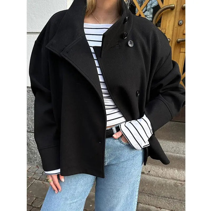 Buenoble Women Oversized Stand Collar Wool Blend Pea Coat, Loose Double Button Minimalist Short Winter Casual Outerwear Jacket
