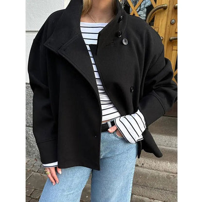 Buenoble Women Oversized Stand Collar Wool Blend Pea Coat, Loose Double Button Minimalist Short Winter Casual Outerwear Jacket