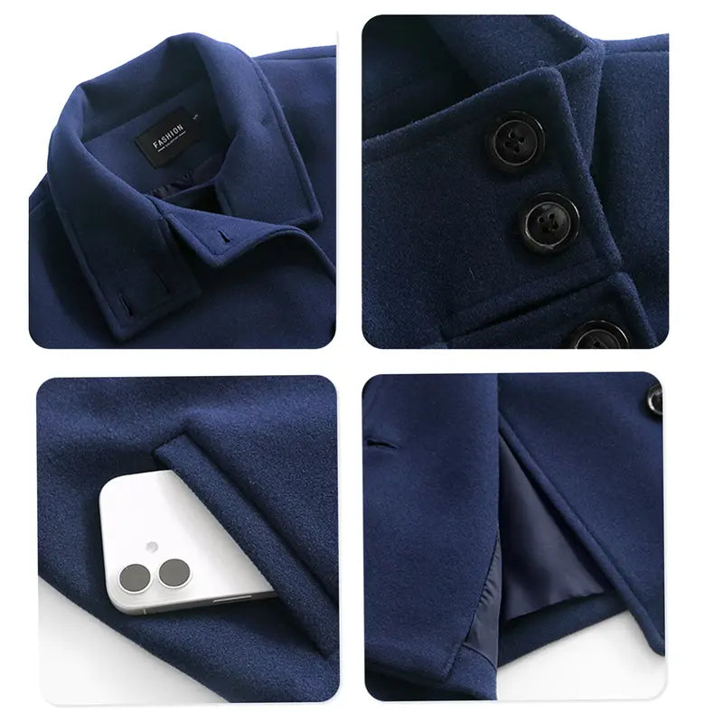 Buenoble Women Oversized Stand Collar Wool Blend Pea Coat, Loose Double Button Minimalist Short Winter Casual Outerwear Jacket